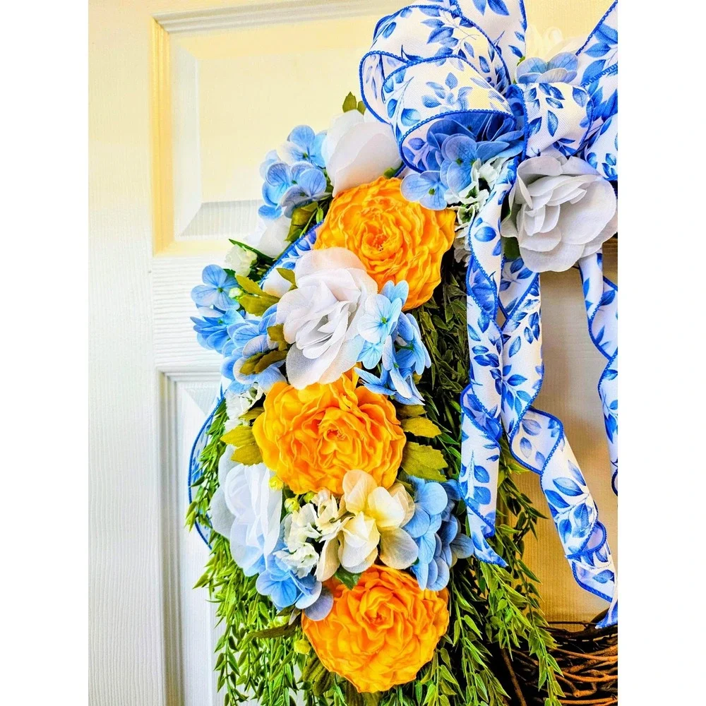 Hand Crafted Floral Grapevine‎ Wreath 16 inch Yellow Ranunculus Blue Hydrangea